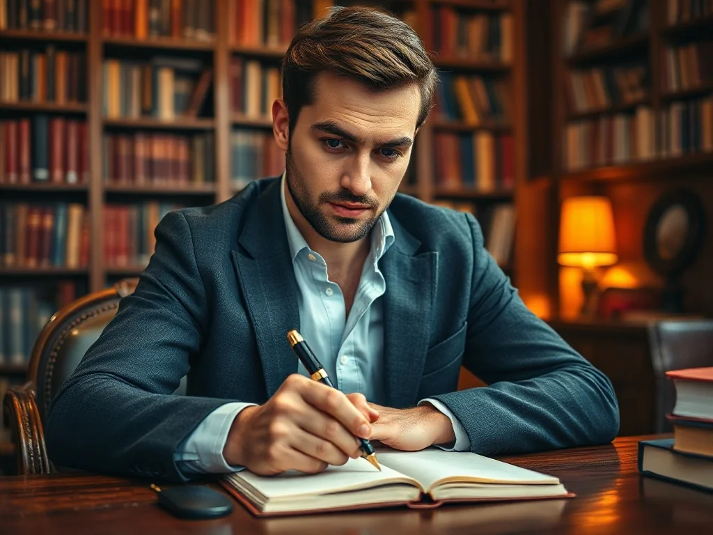 Mężczyzna przy drewnianym biurku z piórem w dłoni, zastanawiający się nad zapisaniem notatek w bibliotecznym wnętrzu.