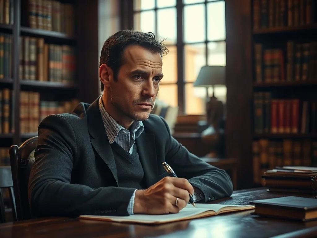 Mężczyzna przy biurku z piórem w dłoni, zastanawiający się nad doborem odpowiednich słów w przytulnej bibliotece.