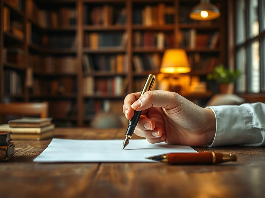 Dłoń trzymająca pióro nad czystą kartką papieru na drewnianym biurku w przytulnej bibliotece.