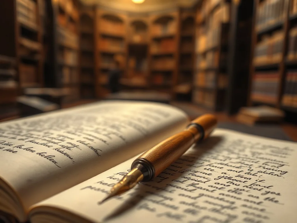 Starodawne pióro na otwartym notatniku z kaligrafią, przywołujące klimat dawnej pisowni i literatury.