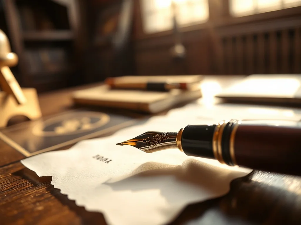 Eleganckie pióro wieczne na pergaminie, symbolizujące staranność w pisaniu i dbałość o poprawność językową.