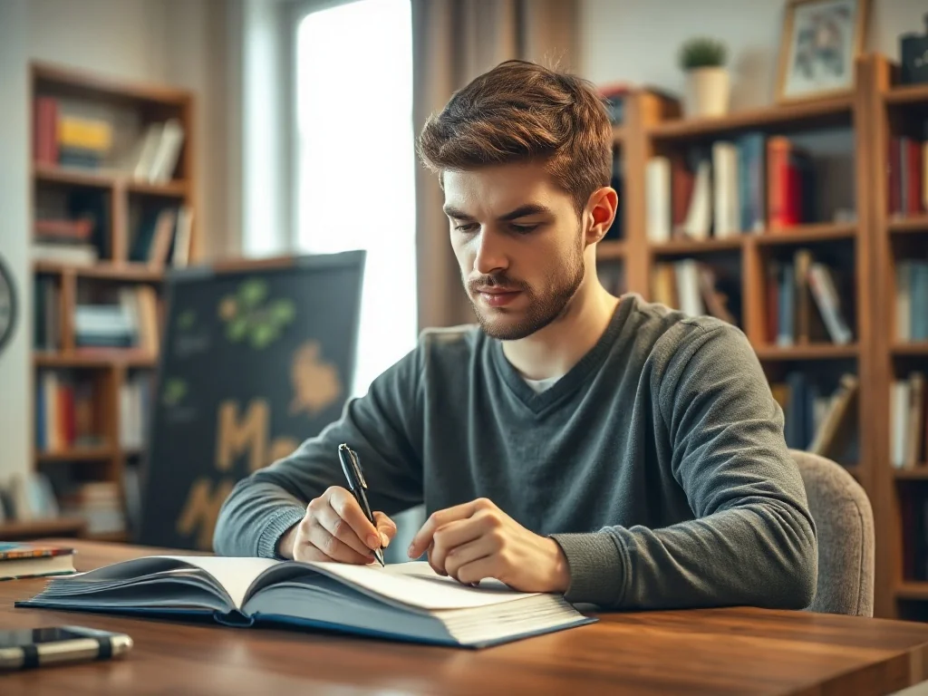 Młody mężczyzna przy biurku z notatnikiem, zastanawiający się nad poprawnym zapisem słów w domowej biblioteczce.
