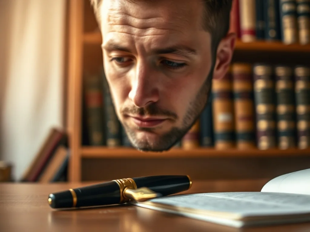 Mężczyzna zamyślony nad piórem wiecznym na drewnianym biurku w bibliotece, podkreślający akademicki charakter tekstu.