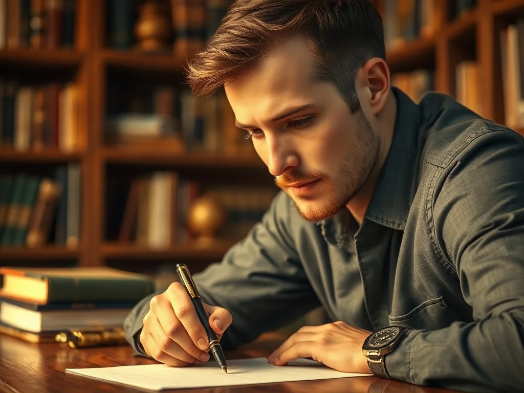 Mężczyzna z piórem wiecznym zastanawia się nad tekstem przy drewnianym biurku w bibliotece.